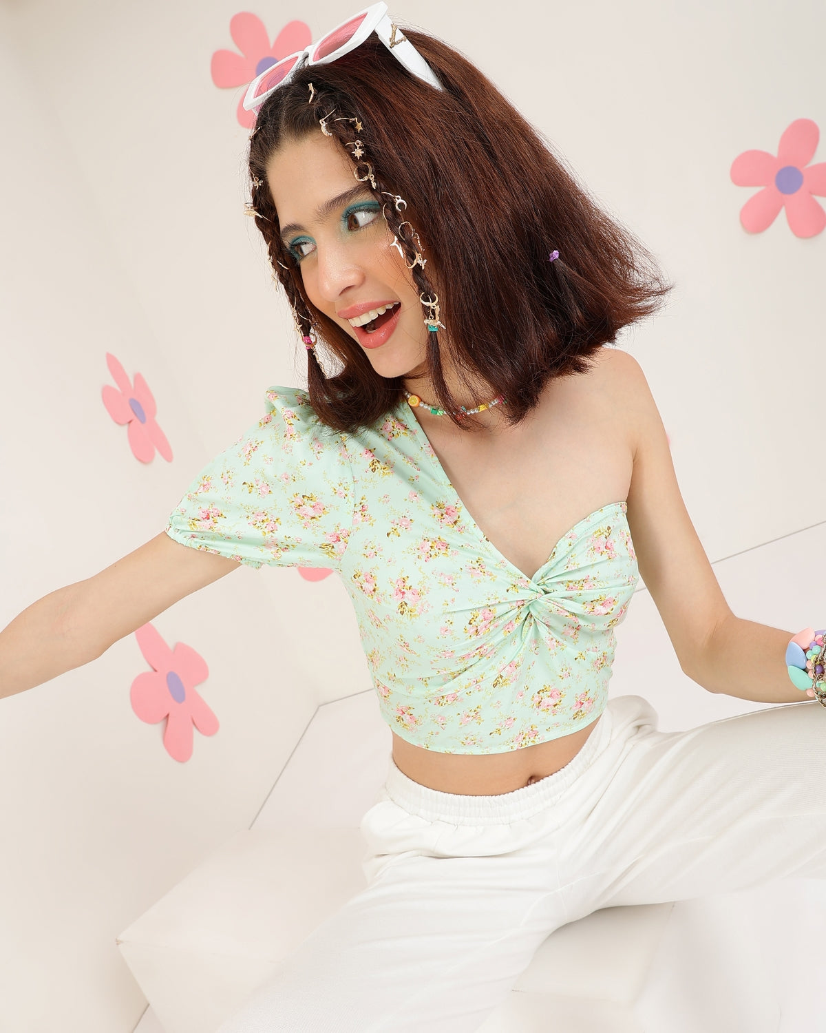Casual Off Shoulder Sleeve Floral Print Women Light Green Top