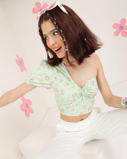 Casual Off Shoulder Sleeve Floral Print Women Light Green Top