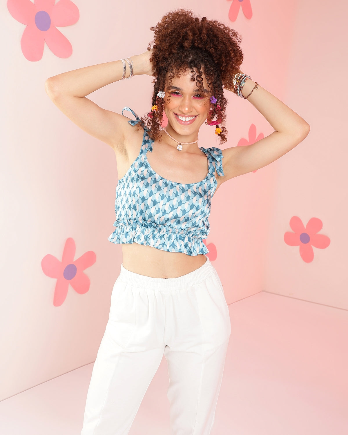 Casual Shoulder Straps Geometric Printed Women Light Blue Top