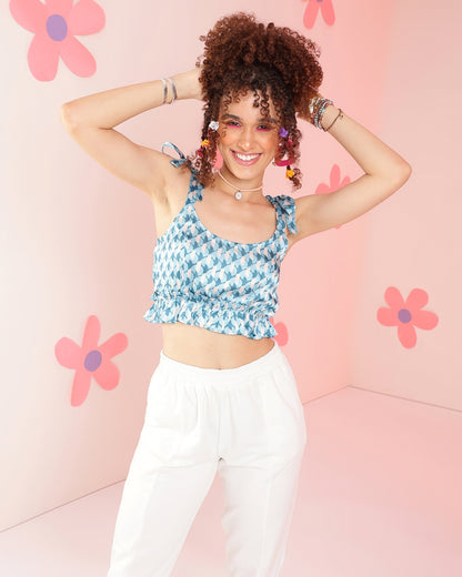 Casual Shoulder Straps Geometric Printed Women Light Blue Top