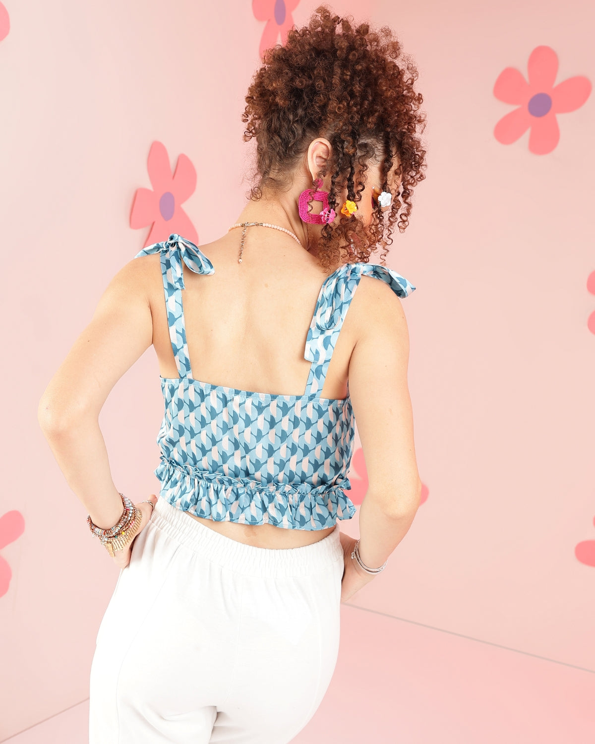 Casual Shoulder Straps Geometric Printed Women Light Blue Top