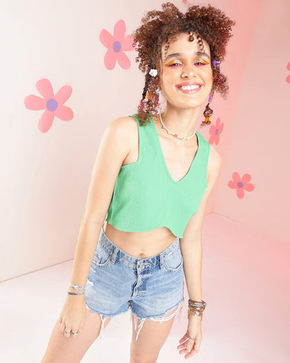 Casual Sleeveless Solid Women Green Top