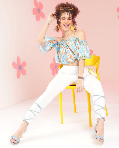 Casual Off Shoulder Sleeve Printed Women Multicolor Top