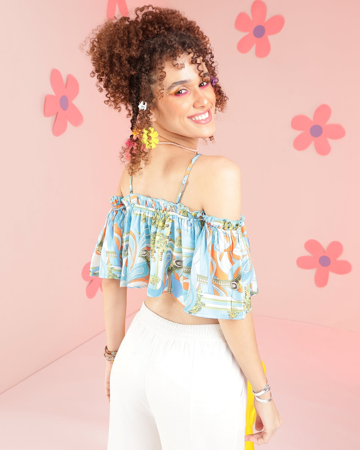 Casual Off Shoulder Sleeve Printed Women Multicolor Top