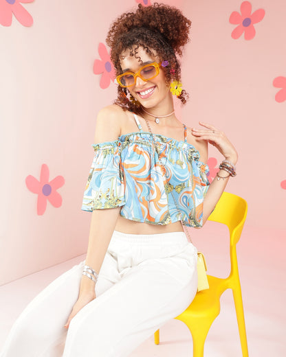 Casual Off Shoulder Sleeve Printed Women Multicolor Top