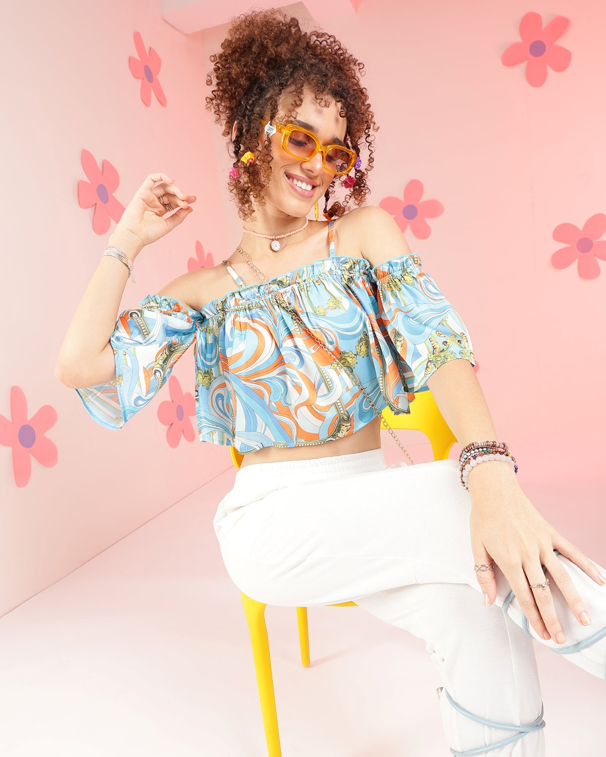 Casual Off Shoulder Sleeve Printed Women Multicolor Top