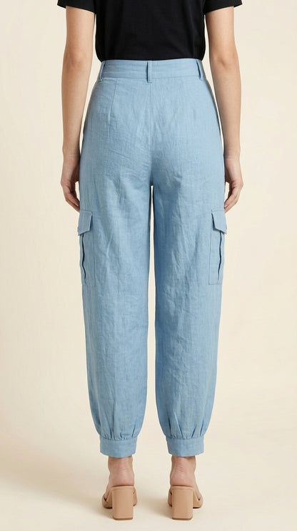 Women Casual Style with High-Waisted Light Blue Cargo Joggers