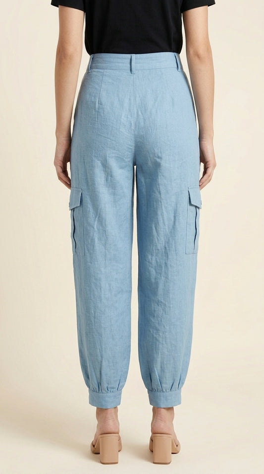 Women Casual Style with High-Waisted Light Blue Cargo Joggers