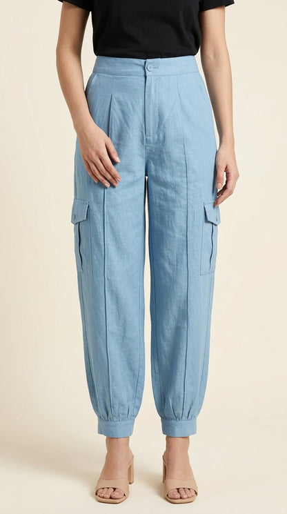 Women Casual Style with High-Waisted Light Blue Cargo Joggers
