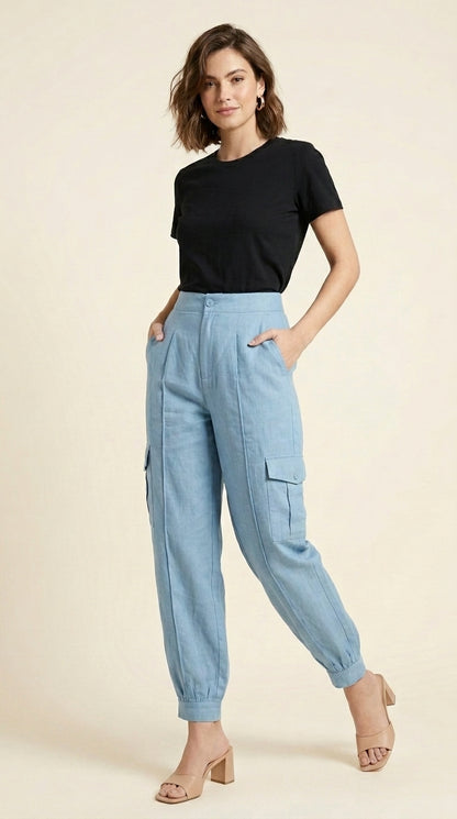 Women Casual Style with High-Waisted Light Blue Cargo Joggers