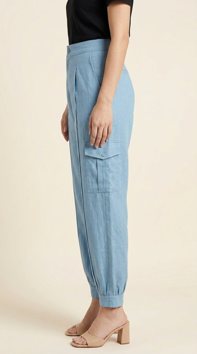 Women Casual Style with High-Waisted Light Blue Cargo Joggers