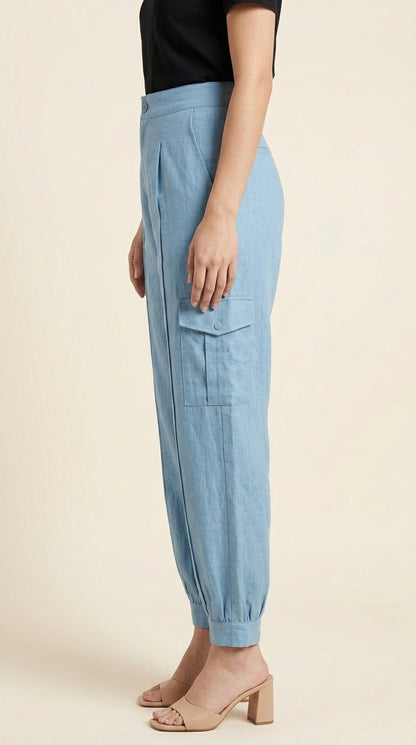 Women Casual Style with High-Waisted Light Blue Cargo Joggers