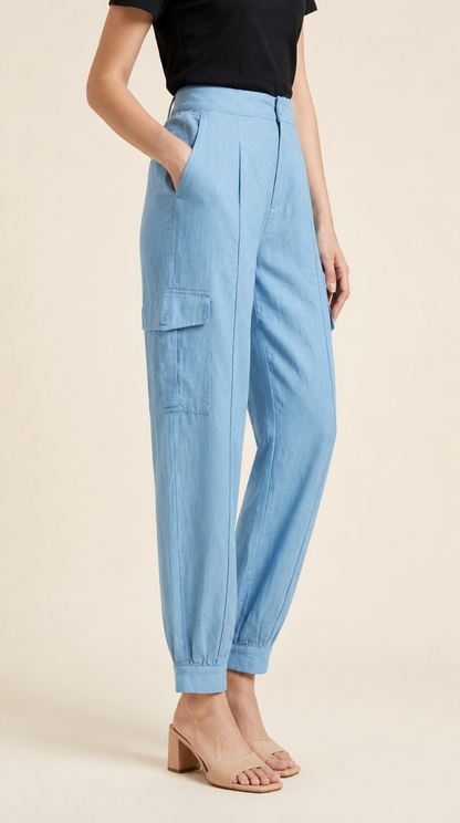 Women Casual Style with High-Waisted Light Blue Cargo Joggers