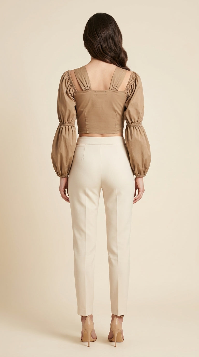 Party Puff Sleeves Self Design Women Brown Top