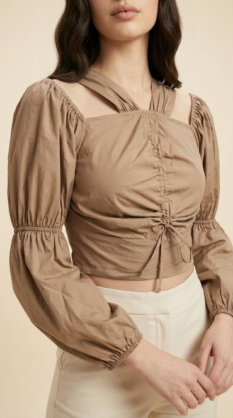 Party Puff Sleeves Self Design Women Brown Top
