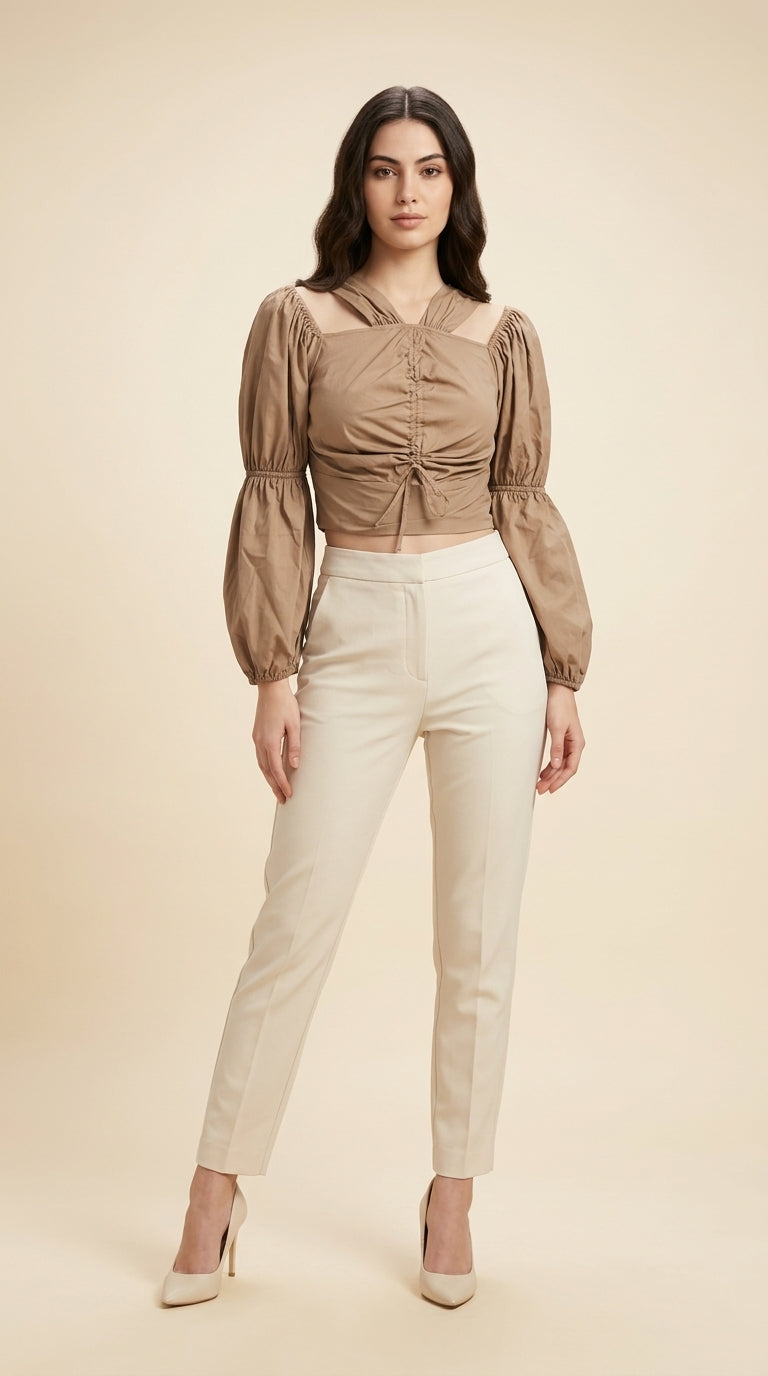 Party Puff Sleeves Self Design Women Brown Top