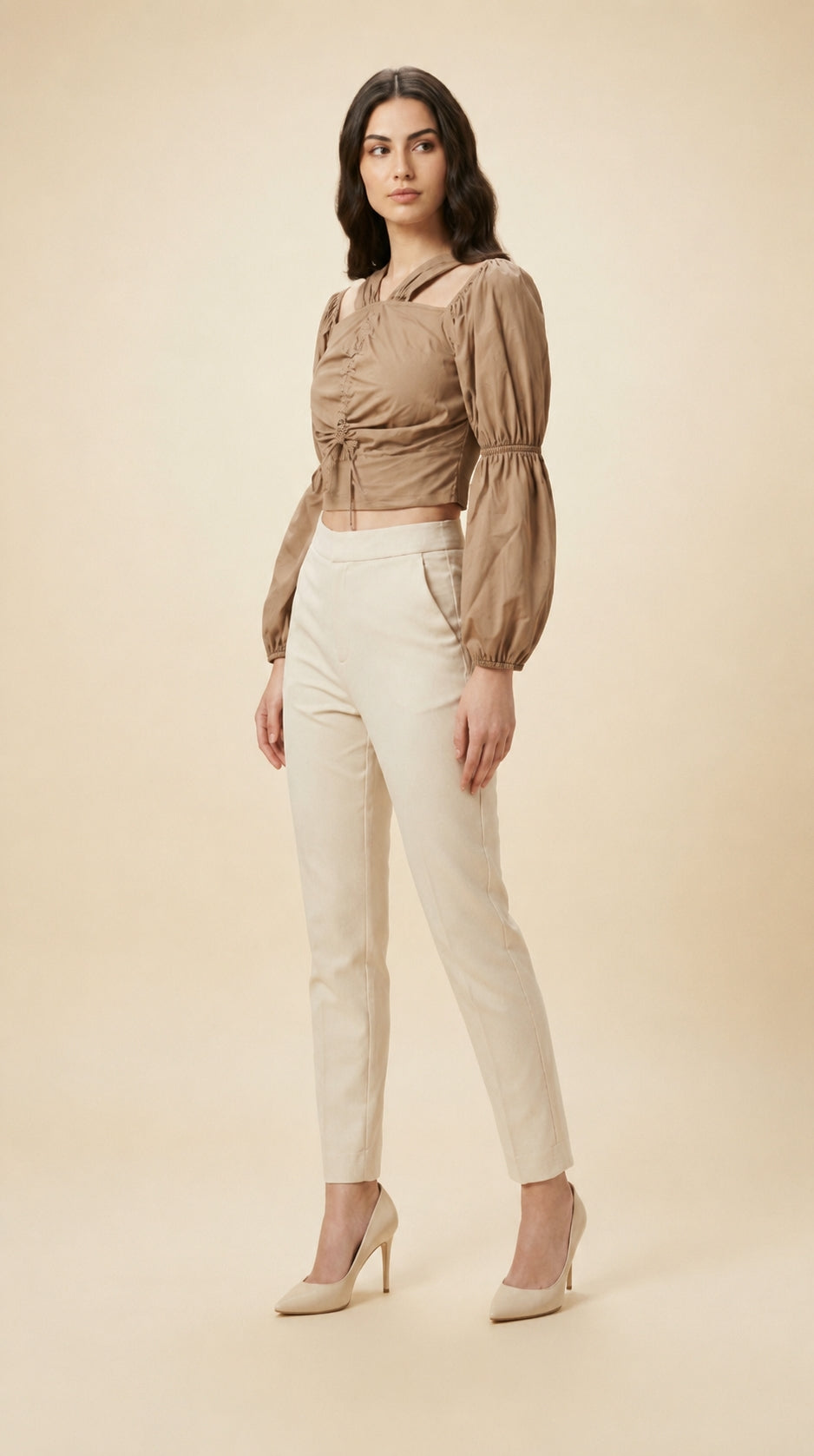 Party Puff Sleeves Self Design Women Brown Top