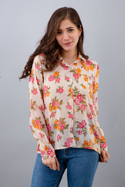 Casual Regular Sleeves Floral Print Women White Top