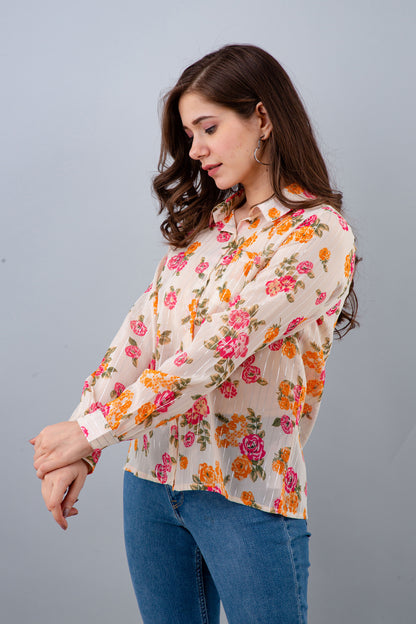 Casual Regular Sleeves Floral Print Women White Top