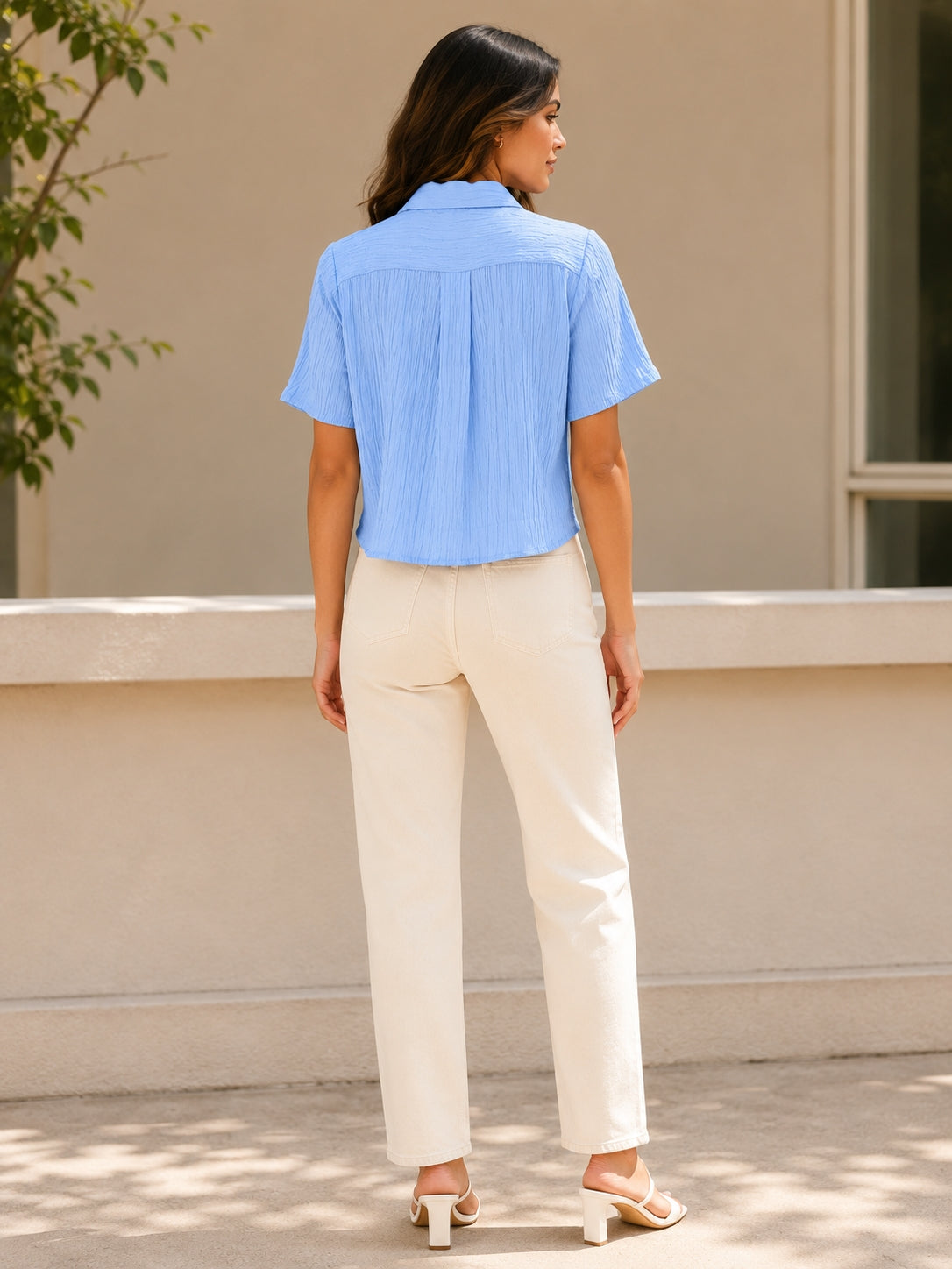 Casual Regular Sleeves Solid Women Light Blue Top